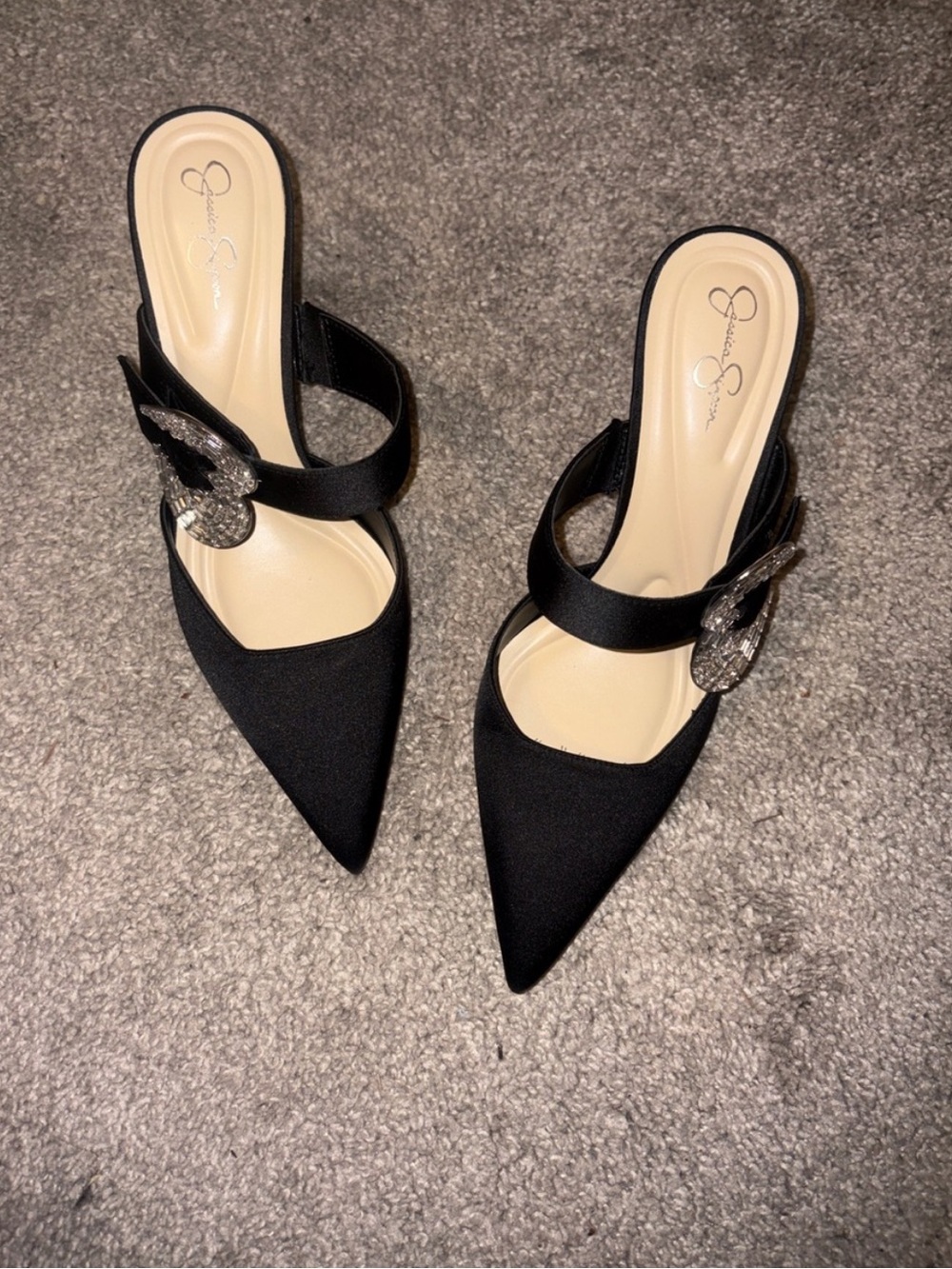 Jessica Simpson Black Pointed Toe Mule with Crystal Buckle Accent size 10